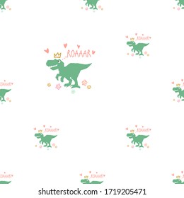 Funny cartoon baby girl seamless with roar dino. Cute dinosaur design for cool girl t-shirt. Doodle vector illustration on white background.