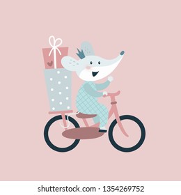 Funny cartoon baby mouse on bicycle with gifts. Happy birthday. Cartoon character illustration for kids game, book, t-shirt, card, print, poster and decoration. Vector clipart