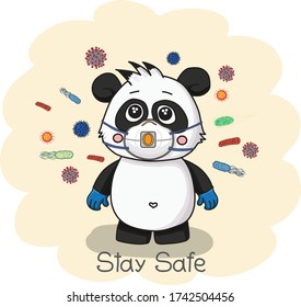 Funny cartoon baby panda with medical mask and gloves 