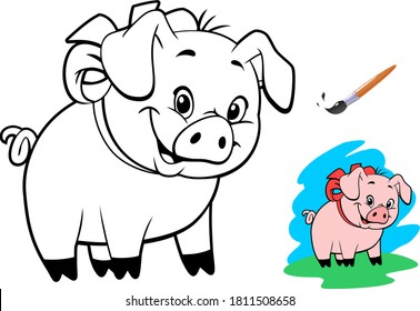 Funny cartoon baby pig. Coloring book for children. Vector illustration.