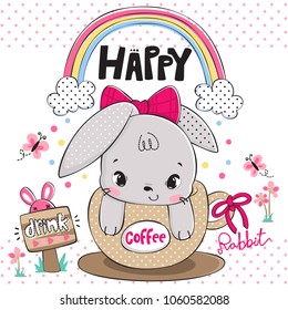 Funny cartoon baby rabbit wearing a bow in a cup on polka dot background illustration vector, Happy easter,
