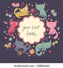 Funny cartoon background with cute cats and butterflies. Bright birthday invitation card in vector.