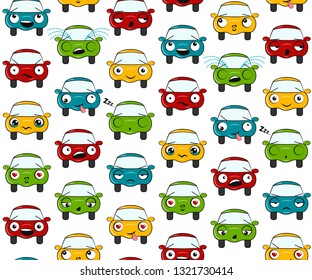 
Funny Cartoon Background for Kids. Vector Seamless Texture with icons in the form of a cartoon cars with different emotions.