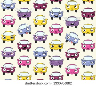 
Funny Cartoon Background for Kids. Vector Seamless Texture with icons in the form of a cartoon cars with different emotions