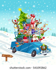 Funny cartoon background poster with santa and group of reindeer characters riding oldschool car on snowfield vector illustration