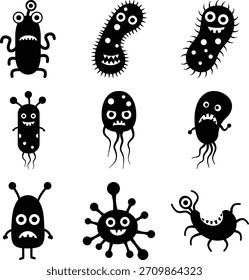 Funny cartoon bacteria and virus set: germs, microbes, illness concepts isolated on white background, Vector