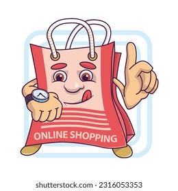 Funny cartoon bag character doing online shopping, looking at watch. Time for buying goods in online shops on internet sale. Special offers and discounts. Vector flat illustration