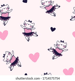 Funny cartoon ballet cats repeat print. Dancing kitten in dress. Hearts and kitty wrapping paper.