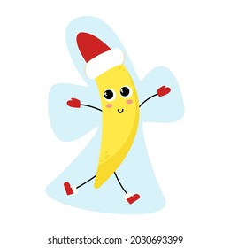 Funny cartoon banana character in red santa hat. Cool winter kawaii fruit. Creating a snow angel. Happy Christmas or New Year mascot for a brand, company, business, banner design or holiday packaging.