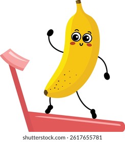 Funny Cartoon Banana Exercising on Treadmill
