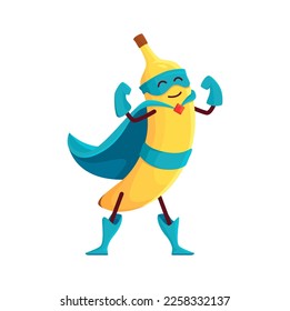 Funny cartoon banana fruit superhero character. Vector isolated super hero personage in cape, boots, gloves and mask showing muscles and demonstrate strength or power. Healthy smiling tropical plant