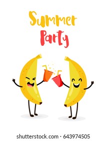 Funny cartoon bananas drink juice. Summer Party. Flat style. Vector.