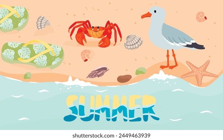 Funny cartoon banner with seascape.Background with beach, sand, flip-flops, shells, seagull, crab, waves, starfish and handwritten.Vector design for printing on fabric and paper.Summer holiday concept