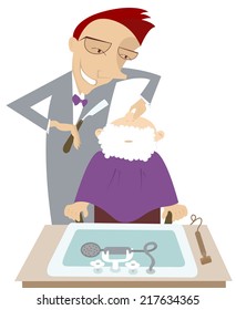 Funny cartoon barber shaves a client