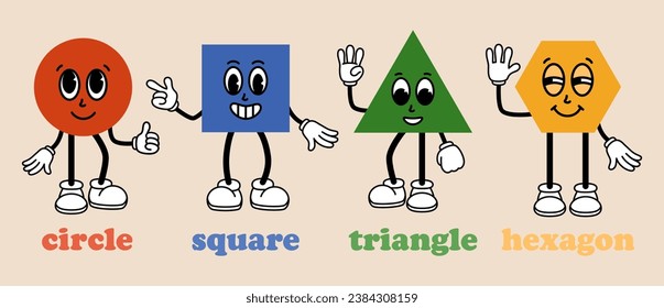 Funny cartoon basic Geometric Figures with face emotions, hands and legs. Different shapes. Circle, square, triangle, hexagon. Comic elements in trendy retro cartoon style. Vector illustration
