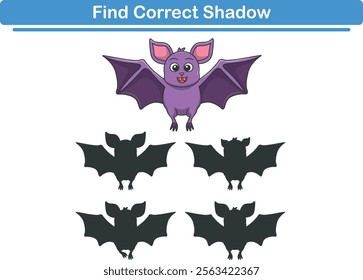 Funny cartoon bat. find the correct shadow. Kids Education games. Cartoon vector illustration