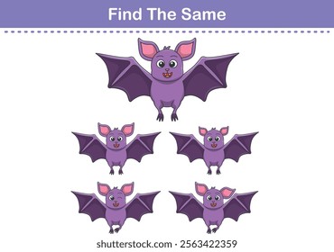 Funny cartoon bat. Find same pictures. Educational game for children. Cartoon vector illustration