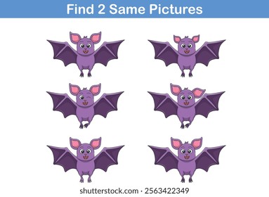 Funny cartoon bat. Find two same pictures. Educational game for children. Cartoon vector illustration