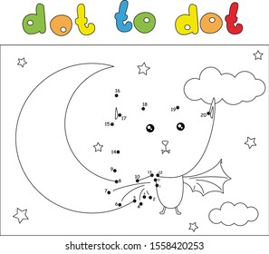 Funny cartoon bat and Moon in the night sky. Dot to dot educational game for kids