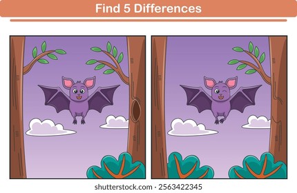 Funny cartoon bats. Find 5 differences. Kids Education games. Cartoon vector illustration