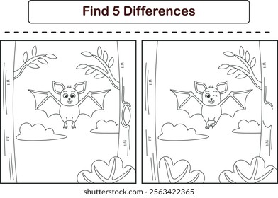 Funny cartoon bats. Find 5 differences. Kids Education games. Cartoon vector illustration