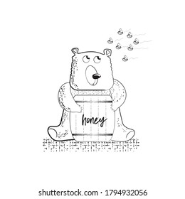 Funny cartoon bear with a barrel of honey in its paws. A swarm of angry bees is flying towards the bear. Black-and-white isolated sketch-style illustration.