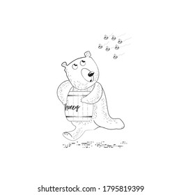 A funny cartoon bear with a barrel of honey in its paws runs away from evil bees. Black-and-white isolated sketch-style illustration.