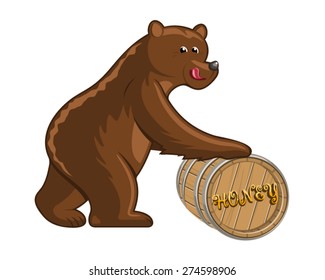 Funny cartoon bear with a big barrel of honey on white background