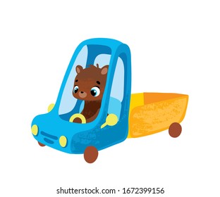 Funny cartoon bear in car. Vector illustration for t-shirt prints, children books, greeting cards, posters, stickers or decor