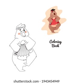 Funny cartoon bear character singing and playing accordion. Coloring book. Vector illustration