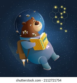 Funny cartoon Bear cosmonaut character reading a book in outer space, cute astronaut teddy bear and bees, reading or studying how to make honey book. Vector illustration for kids in watercolor style.