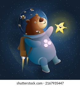 Funny cartoon Bear cosmonaut character and star in astronaut costume. Cute teddy bear, waving from outer space, brave animal adventure. Vector illustration for kids in watercolor style.