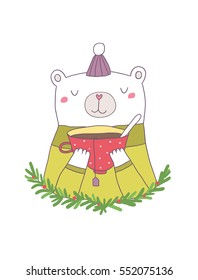 Funny cartoon bear drinking tea. Adorable doodle animals. 