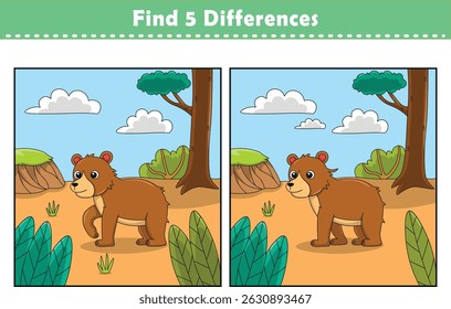 Funny cartoon bear. Find 5 differences. Kids Education games. Cartoon vector illustration