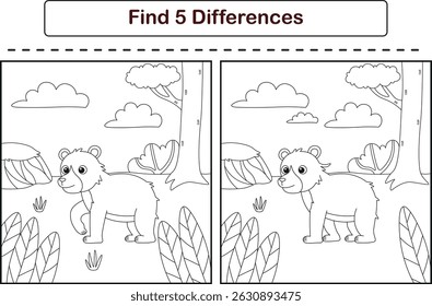 Funny cartoon bear. Find 5 differences. Kids Education games. Cartoon vector illustration