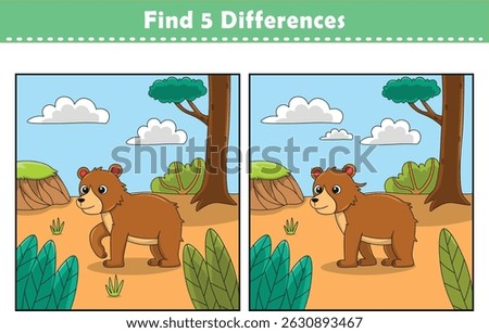 Funny cartoon bear. Find 5 differences. Kids Education games. Cartoon vector illustration