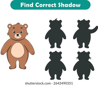 Funny cartoon bear. find the correct shadow. Kids Education games. Cartoon vector illustration