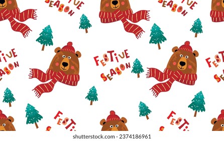 Funny cartoon bear head in warm scarf and hat,trees and lettering Festive Season.Winter holidays hand drawn seamless pattern with cute character.Vector background for printing on fabric and paper.