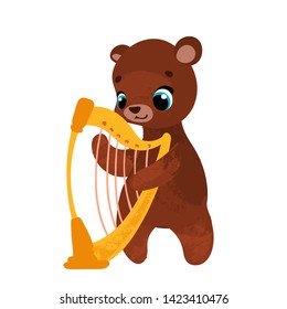 Funny cartoon bear with music instrumentin children's style. Vector illustrations for children books or posters.