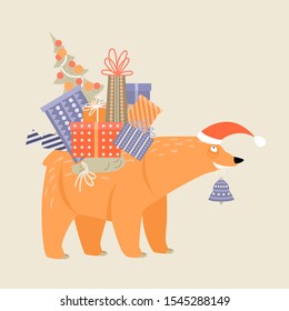 Funny cartoon bear in a Santa Claus hat with gifts on his back and a bell in his teeth. Vector illustration for design of a greeting banner or card.