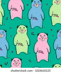 Funny cartoon bear. Sprig of strawberry with berries. Seamless pattern in the style of children's drawing.  Childish print for nursery, kids apparel,poster, postcard. Vector illustration.