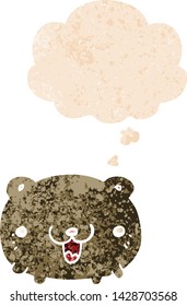 funny cartoon bear with thought bubble in grunge distressed retro textured style