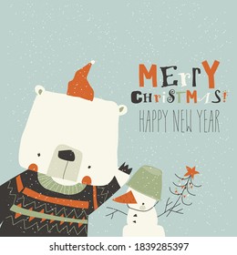 Funny cartoon bear waving paw. Merry Christmas