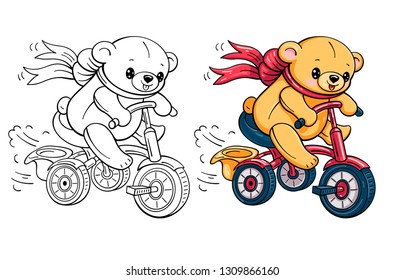 Funny cartoon bears riding a Bicycle, isolated from a background. Monochrome and painted version. Vector illustration.