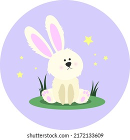 Funny cartoon Beautiful character stuffed toy rabbit. Funny white baby animal character vector illustration on a purple background