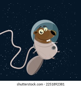 castor de caricatura gracioso como astronauta en el espacio