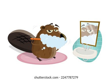 funny cartoon beaver is brushing his teeth