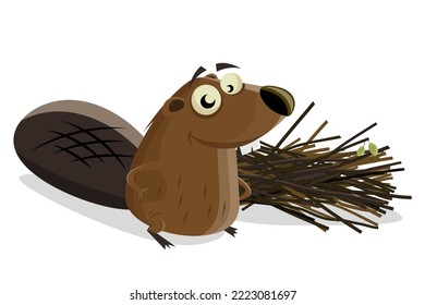 funny cartoon beaver building a dam with branches and twigs