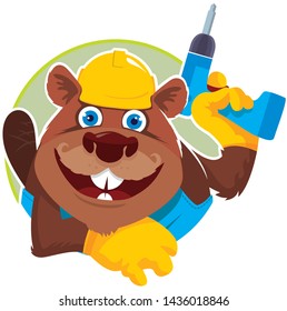 funny cartoon beaver carpenter vector illustration