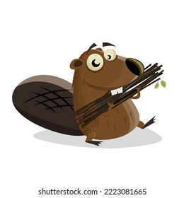 funny cartoon beaver carrying branches and twigs